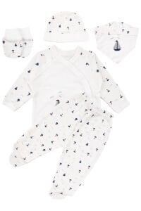 Erkek Bebek Ekru Laci Kayık Nakışlı 5 Parça Organik Hastane Çıkış Seti