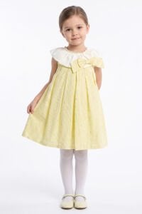 Kız Çocuk Sarı Puantiyeli Beyaz Yakalı Fiyonklu Elbise