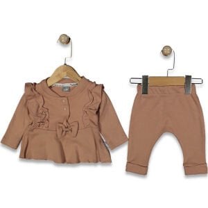 Kız Bebek Kahve Fiyonklu Fırfırlı 2'li Takım