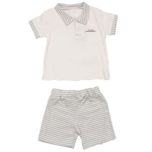 Erkek Bebek Beyaz Gri Çizgili Yakalı Şortlu 2'li Takım