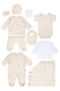 Unisex Bej Koala Desenli Organik 10 Parça Hastane Çıkış Seti