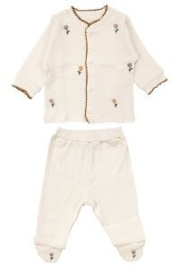 Kız Bebek Ekru Çiçek Nakışlı Biyeli Organik Lüks 10 Parça Hastane Çıkış Seti