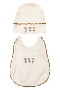 Kız Bebek Ekru Çiçek Nakışlı Biyeli Organik Lüks 10 Parça Hastane Çıkış Seti