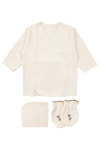 Kız Bebek Ekru Çiçek Nakışlı Biyeli Organik Lüks 10 Parça Hastane Çıkış Seti