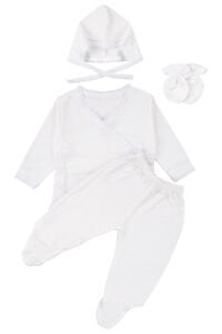 Unisex Ekru Beyaz Biyeli İç Zıbın Hastane Çıkış Seti