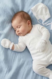 Unisex Ekru Beyaz Biyeli İç Zıbın Hastane Çıkış Seti