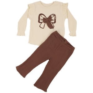 Kız Bebek Ekru Kahve Fiyonklu Fitillli 2'li Takım