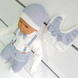 Ayıcık Askılı Papyonlu Mavi 5 li Erkek Bebek Hastane Çıkış Seti