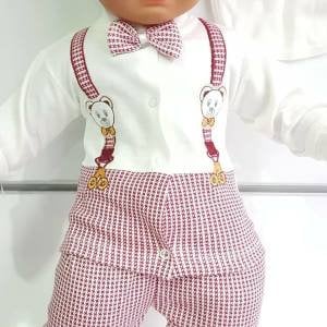 Ayıcık Askılı Papyonlu Kırmızı 5 li Erkek Bebek Hastane Çıkış Seti