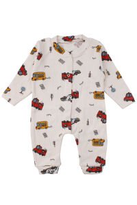 Erkek Bebek Bej Otobüs Desenli Manşetli Çıtçıtlı Tulum