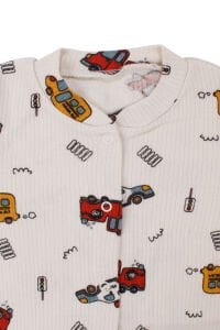 Erkek Bebek Bej Otobüs Desenli Manşetli Çıtçıtlı Tulum