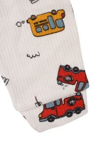 Erkek Bebek Bej Otobüs Desenli Manşetli Çıtçıtlı Tulum