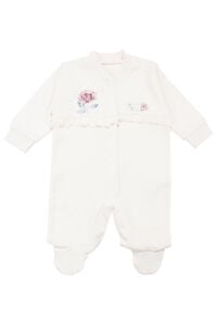 Kız Bebek Ekru Pembe Gül Nakışlı Kanaviçe Çıtçıtlı Patikli Tulum