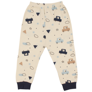 Erkek Çocuk Ekru Laci Arabalı Desenli Çıtçıtlı Pijama Takımı