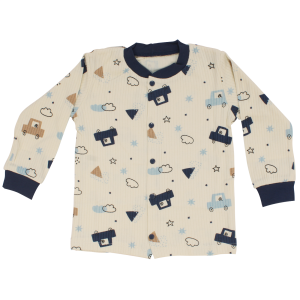 Erkek Çocuk Ekru Laci Arabalı Desenli Çıtçıtlı Pijama Takımı