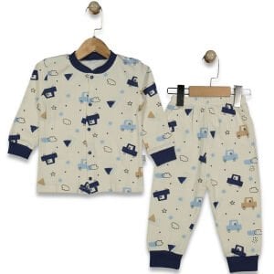 Erkek Çocuk Ekru Laci Arabalı Desenli Çıtçıtlı Pijama Takımı