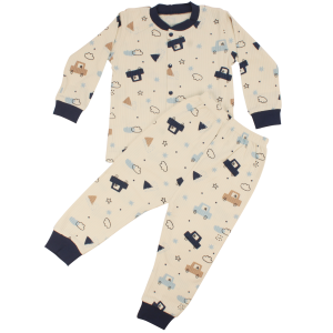 Erkek Çocuk Ekru Laci Arabalı Desenli Çıtçıtlı Pijama Takımı