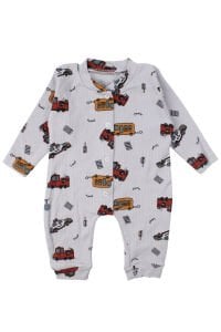 Erkek Bebek Gri Otobüs Desenli Manşetli Çıtçıtlı Tulum