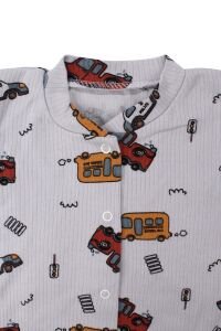 Erkek Bebek Gri Otobüs Desenli Manşetli Çıtçıtlı Tulum
