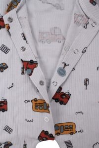 Erkek Bebek Gri Otobüs Desenli Manşetli Çıtçıtlı Tulum