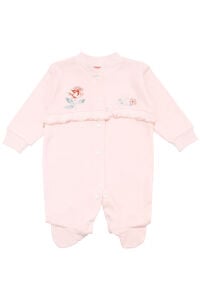 Kız Bebek Ekru Somon Gül Nakışlı Kanaviçe Çıtçıtlı Patikli Tulum