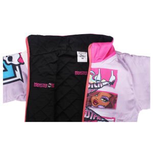 Kız Çocuk Pembe Monster Baskılı Cepli Fermuarlı Şişme Mont
