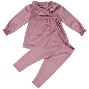 Kız Bebek Pembe Fırfırlı Kadife 2'li Takım