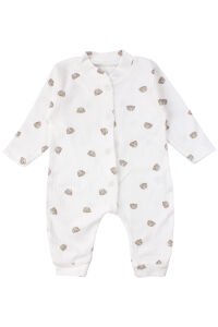 Unisex Ekru Kahve Ayılı Desenli Fitilli Manşetli Tulum