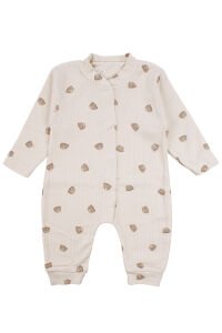 Unisex Ekru Bej Ayılı Desenli Fitilli Manşetli Tulum