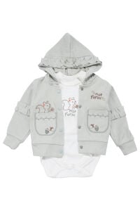 Unisex Ekru Su Yeşili Sincap Nakışlı Hırkalı 3'lü Takım