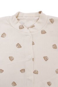 Unisex Ekru Bej Ayılı Desenli Fitilli Manşetli Tulum