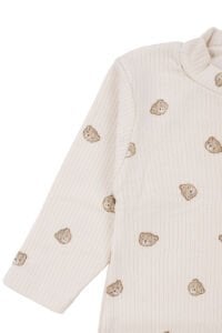 Unisex Bej Kahve Ayılı Desenli Fitilli Manşetli Tulum