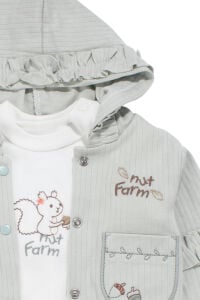 Unisex Ekru Su Yeşili Sincap Nakışlı Hırkalı 3'lü Takım