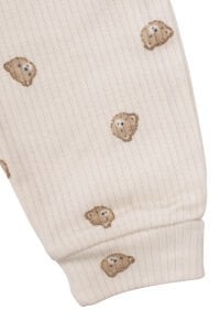 Unisex Ekru Bej Ayılı Desenli Fitilli Manşetli Tulum