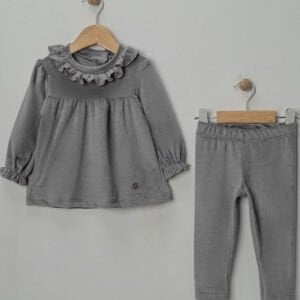 Kız Bebek Gri Fırfırlı Kadife 2'li Takım
