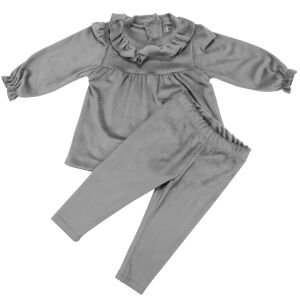 Kız Bebek Gri Fırfırlı Kadife 2'li Takım