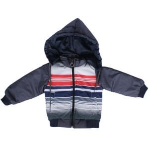 Erkek Çocuk Gri Renkli Çizgili Kapşonlu Şişme Mont