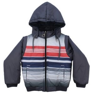 Erkek Çocuk Gri Renkli Çizgili Kapşonlu Şişme Mont