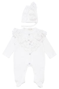 Kız Bebek Ekru Tüllü Dantelli Bereli Patikli Tulum