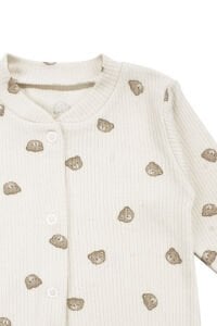 Unisex Bej Kahve Ayılı Desenli Fitilli Patikli Tulum