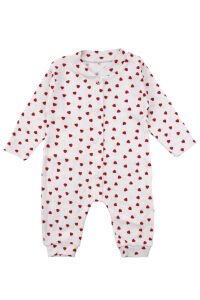 Kız Bebek Ekru Kırmızı Kalp Desneli Fitilli Manşetli Tulum