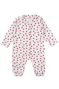 Kız Bebek Ekru Kırmızı Kalp Desneli Fitilli Manşetli Tulum