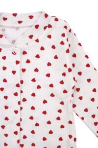 Kız Bebek Ekru Kırmızı Kalp Desneli Fitilli Manşetli Tulum