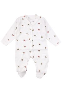 Kız Bebek Ekru Pembe Gül Desenli Fitilli Patikli Tulum