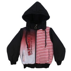 Erkek Çocuk Siyah Renkli Çizgili Ultimate Yazılı Kapşonlu Şisme Mont