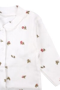 Kız Bebek Ekru Pembe Gül Desenli Fitilli Patikli Tulum