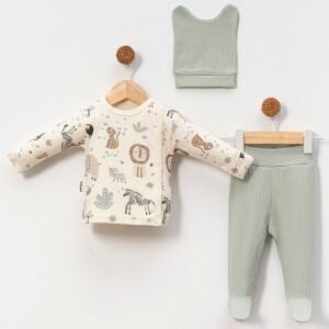 Erkek Bebek Ekru Yeşil Fil Safari Hayvanlı Pijama Takımı 0-3 Ay
