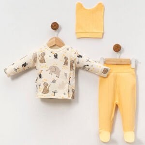Erkek Bebek Ekru Sarı Fil Safari Hayvanlı Pijama Takımı 0-3 Ay