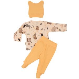 Erkek Bebek Ekru Sarı Fil Safari Hayvanlı Pijama Takımı 0-3 Ay