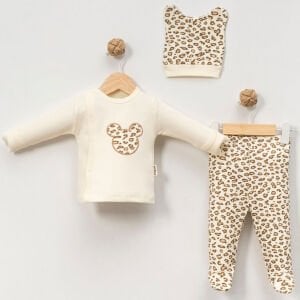 Kız Bebek Ekru Kahve Leopar Desenli Bereli Pijama Takımı 0-3 Ay